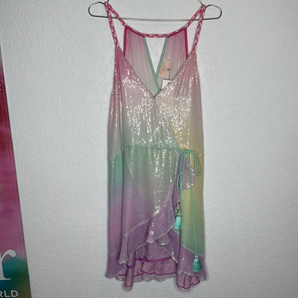 NWT Rococo Sand Pax Wrap Mini Dress in Unicorn Tricolor Large Revolve - Picture 2 of 16